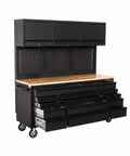 Massive Black Steel Rolling Tool Chest With 14 Deep Drawers And Full Extension Pegboard Back Panel, side view with wood top.