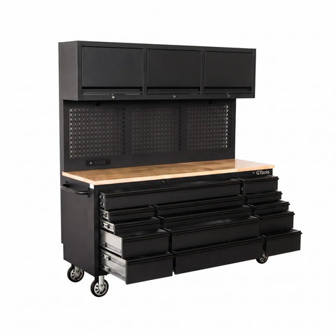 Massive Black Steel Rolling Tool Chest With 14 Deep Drawers And Full Extension Pegboard Back Panel, side view with wood top.