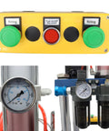 Control panel with firing buttons and gauges for The Workshop Beast Heavy Duty Pneumatic Punch Press Machine With Adjustable Cylinder Stroke And Digital Controls For Tough Metal Fabrication Jobs 110V.
