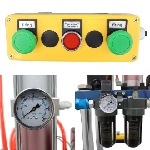 Control panel with firing buttons and gauges for The Workshop Beast Heavy Duty Pneumatic Punch Press Machine With Adjustable Cylinder Stroke And Digital Controls For Tough Metal Fabrication Jobs 110V.