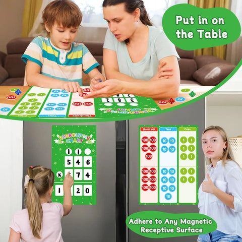 Regrouping Base Ten Place Value Math Kit With 66 Pieces for kids learning addition and subtraction using magnetic grids and dice at home.