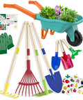 Kids Gardening Set With Wheelbarrow For Ages 3 To 8 Real Metal Garden Tools 14 Piece Outdoor Kit showing tools, gloves, stickers, handbook