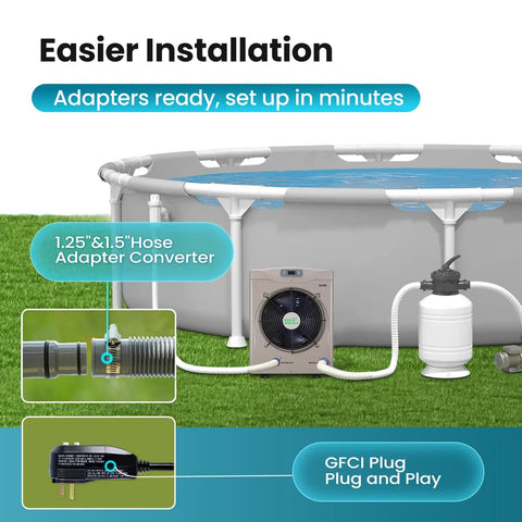 Powerful Pool Heat Pump For Above Ground Pools Up To 5000 Gallons With Turbo X Ultra Compressor, setup with hose and GFCI plug