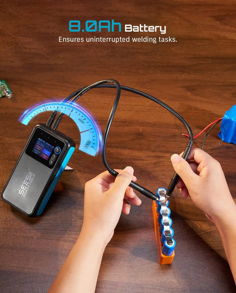 Battery Spot Welder Kit With 11000mAh Battery LCD Screen Upgraded 80 Gear Adjustable Portable Mini Welder in use on a battery pack