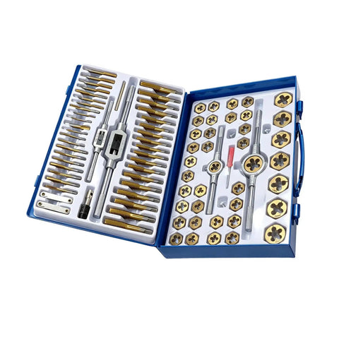 Open blue case with Top Pick Alloy Steel Tap And Die Set With 86 Pieces Includes T Handle Holders Gauges For Metalworking And Rethreading Tasks Perfect Metric Tool Kit For Your Home Workshop Or Industrial Garage Jobs.