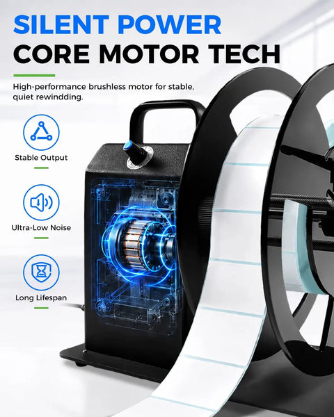 Kickass Heavy Duty Automatic Label Rewinder With Eight Speed Levels And Two Way Rewinding Tech, core motor tech for stable, quiet rewinding.