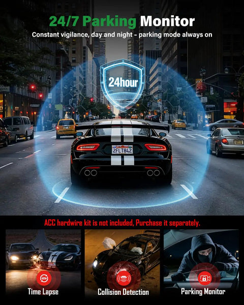 Crystal Clear 4K Front Cabin Rear Dash Cam With 5.8 GHz WiFi 6 IR Night Vision, 64GB Card, 24 Hour Parking, G Sensor in action on street.