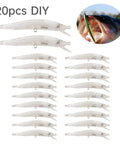 Unpainted Blank Minnow Crankbait Lures Kit 20 Pcs ABS Topwater Fishing Lures with Steel Rattle displayed with fishing image