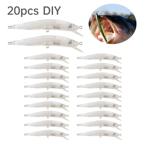 Unpainted Blank Minnow Crankbait Lures Kit 20 Pcs ABS Topwater Fishing Lures with Steel Rattle displayed with fishing image