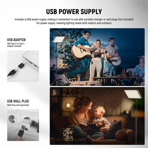 Two Pack Bi Color LED Video Lights With 59 Inch Tripod Stands and Phone Holders, USB adapter, USB wall plug, outdoor use