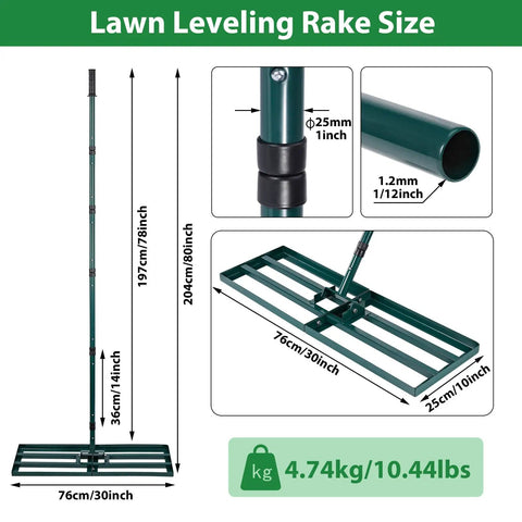 Heavy Duty Stainless Steel Lawn Leveler Rake With 30 By 10 Inch Ground Plate And 78 Inch Adjustable Handle for leveling lawns