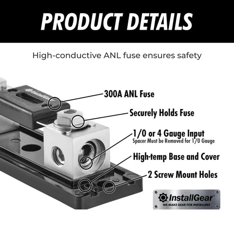 ANL Fuse Block With Clear Cover And 300 Amp Fuse Holder For Secure Circuit Protection Universal Fuse Box For 0, 2, 4 Gauge Terminals Automotive Applications Heavy Duty Build Easy Install And Battery And Wiring Protection, showing close-up of fuse holder and inputs.