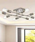 8 Light Modern Sputnik Ceiling Light In Brushed Nickel, Vintage Metal Chandelier in living room, semi flush mount fixture