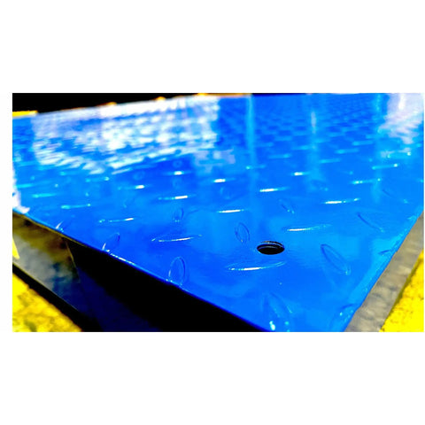 Dead Nuts Accurate 48 By 48 Inch Platform Floor Scale With Digital Indicator for Warehouse Shipping close-up of textured blue surface.