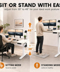 Zero Stress Oak Electric Standing Desk Featuring Four Memory Buttons Plus Child Lock Safety For Seamless One Button Height Adjustment In Your Everyday Home Office Setup showing height adjustment from 28 to 46 inches.
