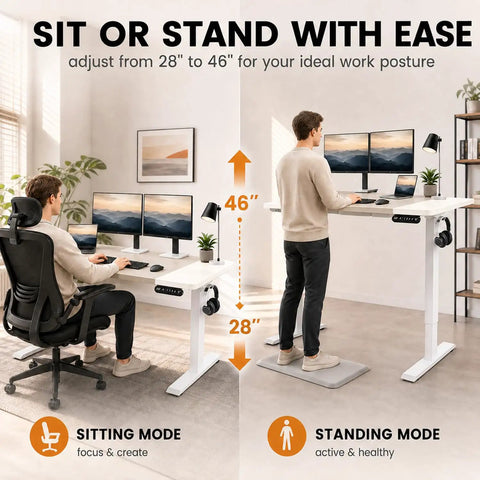 Zero Stress Oak Electric Standing Desk Featuring Four Memory Buttons Plus Child Lock Safety For Seamless One Button Height Adjustment In Your Everyday Home Office Setup showing height adjustment from 28 to 46 inches.