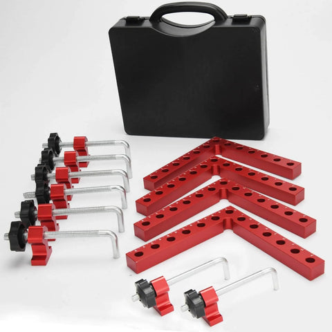 Pro Grade 4 Pack Right Angle Clamp Set For Woodworking, 5.5 Inch Aluminum Alloy Squares With Case Displayed on White Background