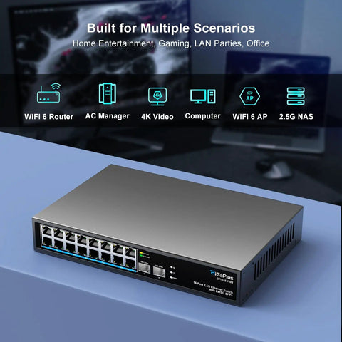 18 Port 2.5Gb Unmanaged Ethernet Switch with 16 2.5G Base-T Ports and 2 10G SFP+ Uplinks for NAS PC Wireless APs and WiFi 6 Routers