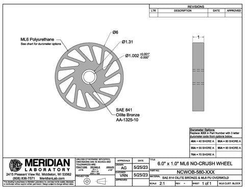 Tough As Nails Polyurethane Idler Wheel With Bronze Bearing Core 6.000 Outer Diameter X 1.000 Width X 1.000 Bore diagram