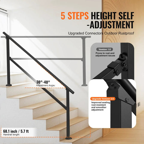 Five Step Outdoor Stair Hand Rail Kit for Concrete Steps and Porches, Heavy Duty Carbon Steel Rails, adjustable angle display.