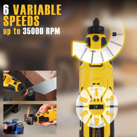 Cordless Rotary Tool Kit with 6 Speed Settings up to 35,000 RPM shown with tool-free chuck, cutting and drilling features displayed