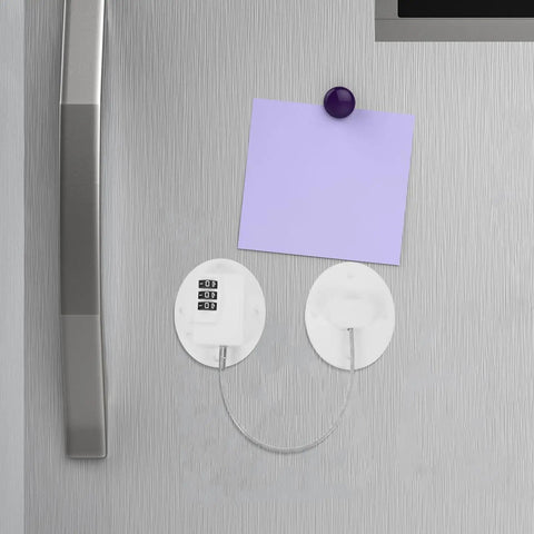 Family Safe Fridge Lock With Password Protection No Drill Install on refrigerator door with adhesive mount, white plastic