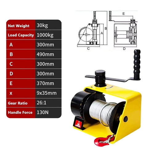 Workhorse Heavy Duty Worm Gear Hand Winch Two Way Self Locking Manual Crank with load capacity and dimensions chart
