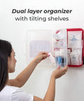 Installed M2 BASICS 350-piece first aid kit, wall-mounted dual-layer red hard case with clear door.
