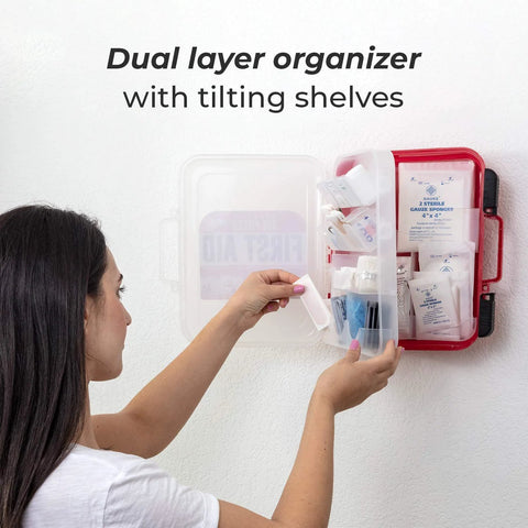 Installed M2 BASICS 350-piece first aid kit, wall-mounted dual-layer red hard case with clear door.