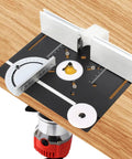 Premium Ironclad Aluminum Router Table Insert Plate, setup showing adjustable gauge and router bit for woodworking projects.