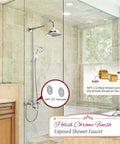 Exposed Shower System Set In Polished Chrome With 8 Inch Rain Shower Head, 2 Knob Handles, 3 Function Diverter