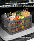 Slick Gray Foldable Storage Basket With Durable Carry Handle, 18.7 Inch Wide, filled with groceries in car trunk.