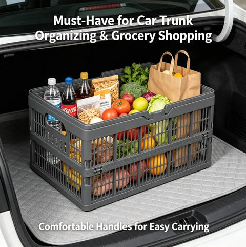 Slick Gray Foldable Storage Basket With Durable Carry Handle, 18.7 Inch Wide, filled with groceries in car trunk.