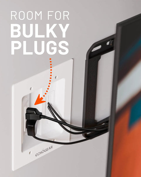 In Wall TV Cable Management Kit With Dual Outlet For Wall Mounted TVs Hides Power And Low Voltage Cables close-up with bulky plug insert