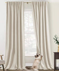 Light Beige Blackout Curtains 96 Inch Long Two Panel Set For Floor To Ceiling Installations In Living Room Or Bedroom Pet Friendly Faux Linen Anti Scratch No Fuss Keeps Light Out And Noise Reducing With A Sleek Tailored Look installed