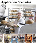 Bakers using 8-Tier Stainless Steel Bakery Cooling Rack on Wheels with Brakes in a professional kitchen setting.