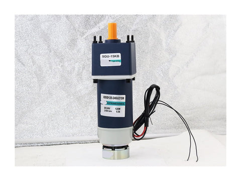 DC gear motor with brake; blue housing, orange output shaft, wired, 120W