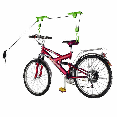 Two Pack Overhead Bike Hangers With Pulley System For Ceiling Garage Storage 100lb Capacity Each Great For Hanging Bicycles Ladders Or Tools In Your Shed Or Basement
