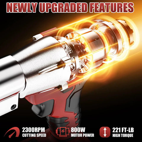 Brushless Cordless Metal Shears With 360 Degree Pivoting Head High Torque Cutting Tool showing upgraded motor features and power specs.