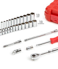 Heavy Duty Quarter Inch Drive 33 Piece Socket And Ratchet Set With Six Point Standard And Deep Sockets Four To Fourteen Millimeters