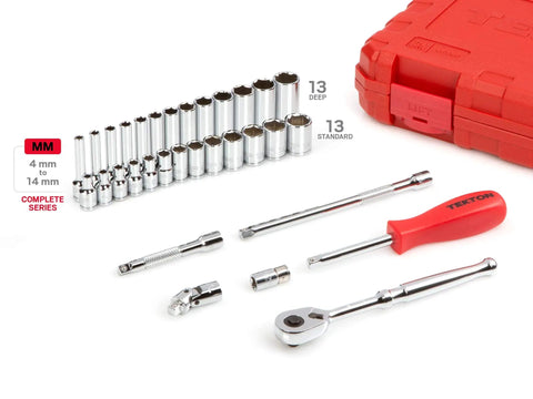 Heavy Duty Quarter Inch Drive 33 Piece Socket And Ratchet Set With Six Point Standard And Deep Sockets Four To Fourteen Millimeters