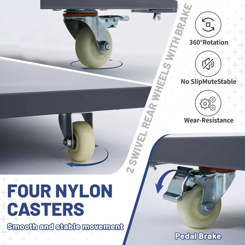 Beefy 60x30 Flatbed Cart With 2000 Lb Capacity, Steel Flat Dolly, Swivel Wheels, Rugged Industrial Utility Cart For Warehouse, Moving Luggage, And Tough Jobs. Four nylon casters with pedal brake