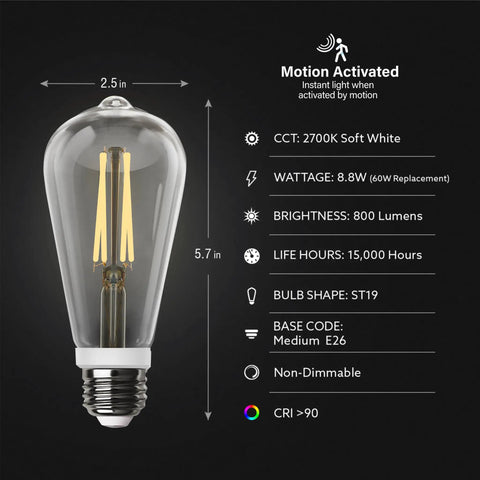 Smart Motion Sensor LED Bulb, 60W Equivalent, Soft White 2700K, E26 Base, Auto On Off When You Move, Energy Saver, Ideal For Hallways And Entryways, Perfect For Hallways, Staircases, And Entrances, ST19 bulb