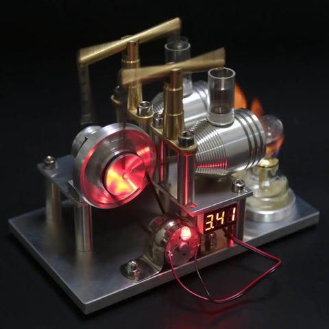 Top-Tier Stirling Engine Generator Model Set 3 twin-cylinder brass and aluminum alloy desktop kit with glass components.