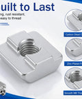 100 Piece Hella Tough 4040 Series Sliding T Nuts With Precision Metric M8 Threads For Smooth Gliding Action And Rock Solid Aluminum Extrusion Mounting On Your Setup close-up of stainless steel T-nut with threaded opening