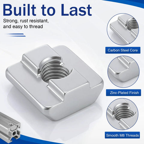 100 Piece Hella Tough 4040 Series Sliding T Nuts With Precision Metric M8 Threads For Smooth Gliding Action And Rock Solid Aluminum Extrusion Mounting On Your Setup close-up of stainless steel T-nut with threaded opening