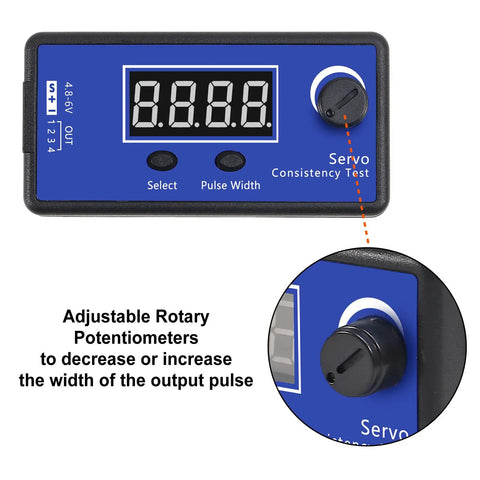 Comprehensive RC Servo Tester With Display, showing adjustable rotary potentiometers for digital and analog ESC testing.