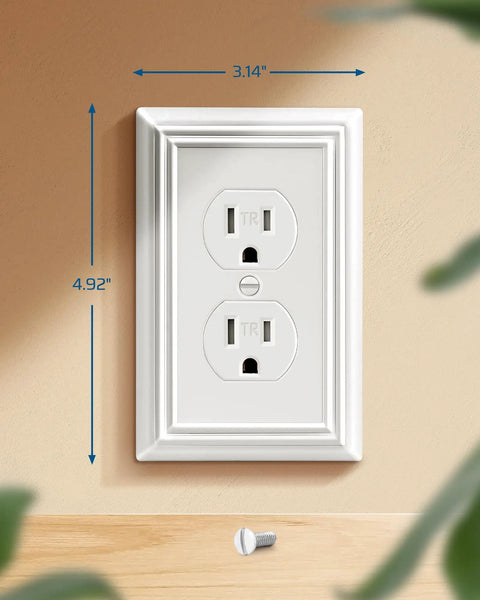 Four Pack White Metal Outlet Covers With Retro Texture on a wall with measurements shown, decorative electrical faceplate.