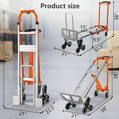Beefy 4 In 1 Stair Climbing Hand Truck 1000 Lb Capacity Aluminum Foldable Dolly Utility Cart Heavy Duty Convertible With Upright Stair Climber 45 Degree Tilt Platform Cart And U Shaped Extension Solid Rubber Tri Wheels. Product size chart