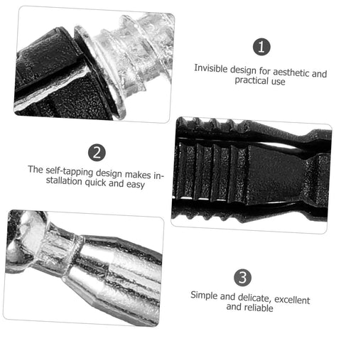 Rock Solid Invisible Furniture Connecting Fasteners With Heavy Duty Cam Lock Bolts And Precision Dowels For Smooth Wood Joinery And Complete Zero Hassle Setup Pack close-up of self-tapping connectors.